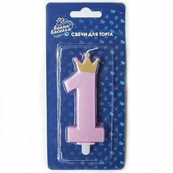 Свеча Цифра 1 Корона для принцессы Розовый с блестками 8,8см 127429