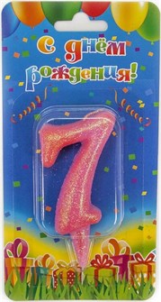 Свеча Цифра 7 Овал Розовый с блестками 7см 1594