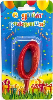 Свеча Цифра 0 Овал Красный с блестками 8см 1486