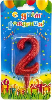 Свеча Цифра 2 Овал Красный с блестками 8см 1488