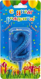 Свеча Цифра 2 Овал Синий с блестками 8см 1498