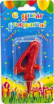 Свеча Цифра 4 Овал Красный с блестками 8см 1490