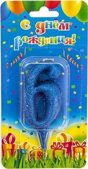 Свеча Цифра 6 Овал Синий с блестками 8см 1502