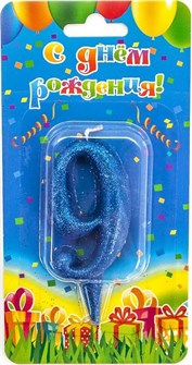 Свеча Цифра 9 Овал Синий с блестками 8см 1505