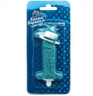 Свеча Цифра 1 Шляпа для джентльмена Голубой с блестками 9см 624047B