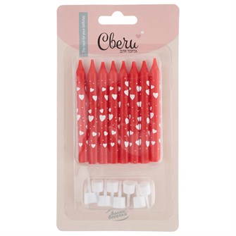 Свечи Белые сердечки Красный 8см 8шт с держат. 627076