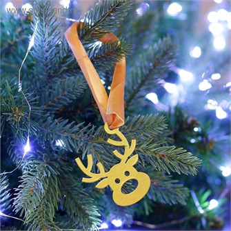 Елочная подвеска металлическая с лентой Олень Рудольф 7см золотая 3865237 3865237